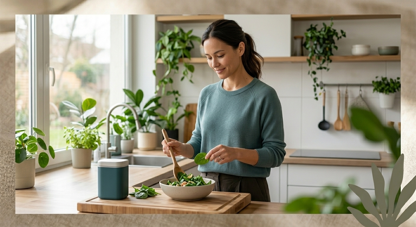 A busy adult calmly in a modern, plant-filled kitchen