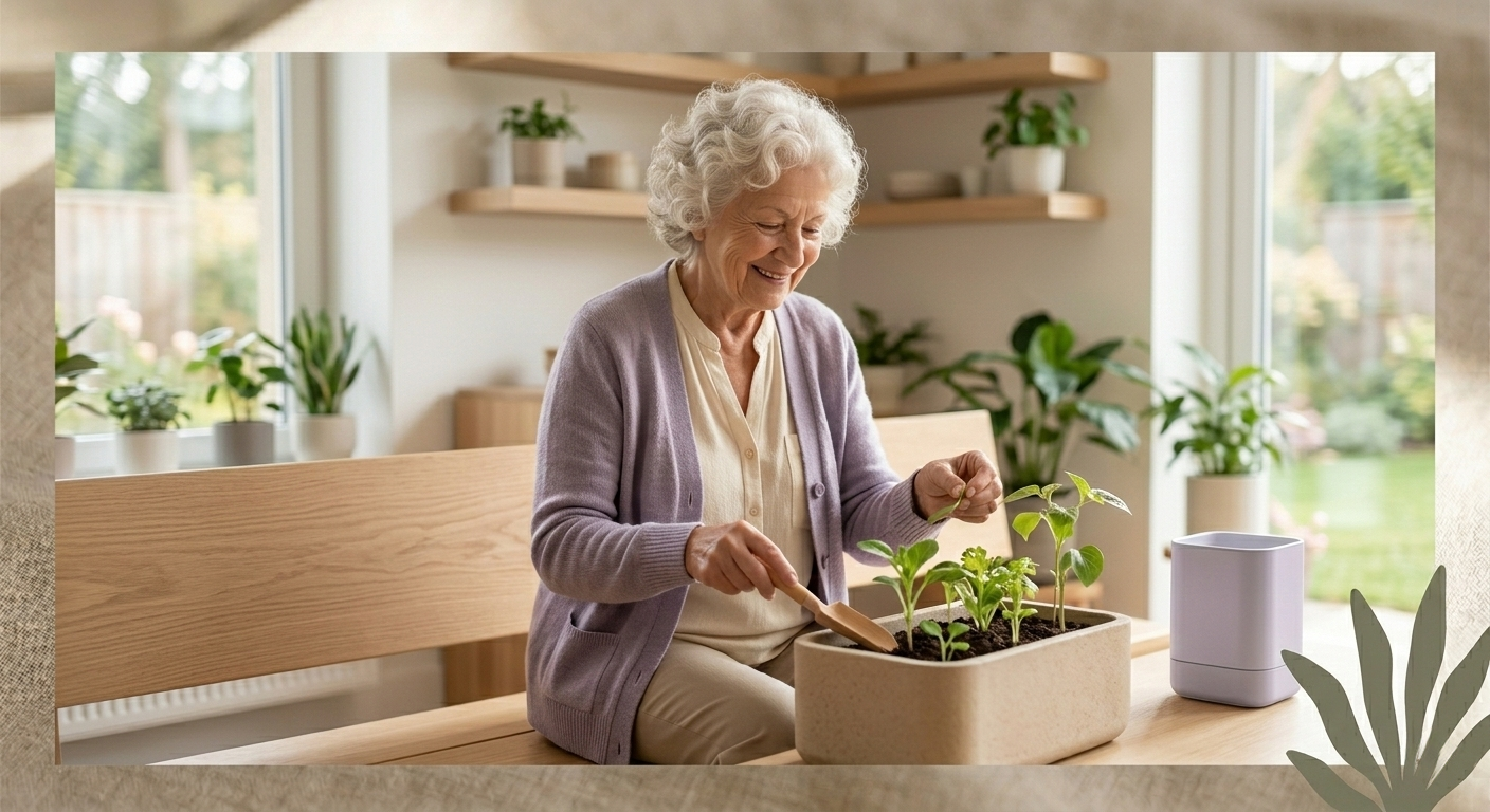 An older adult tending a small garden, smiling gently