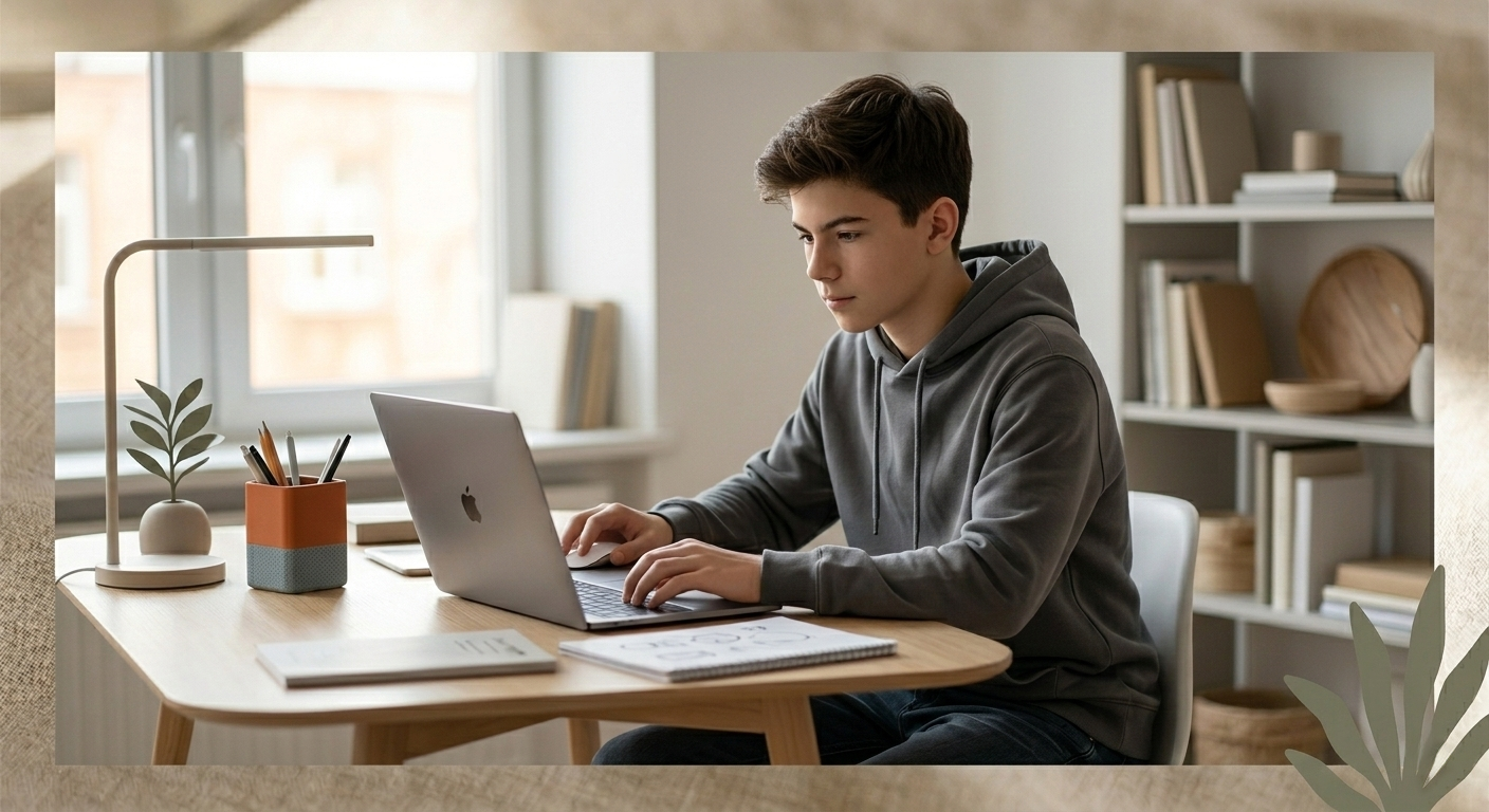A focused teenager studying with a laptop